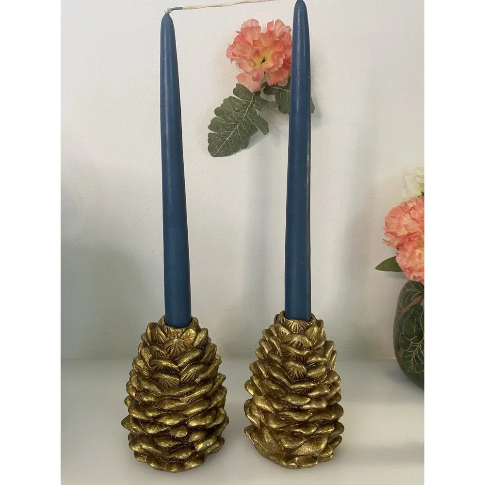 Vintage Otagiri 1996 Enesco Pinecone Taper Candle Holders Set of 2 Ceramic 5